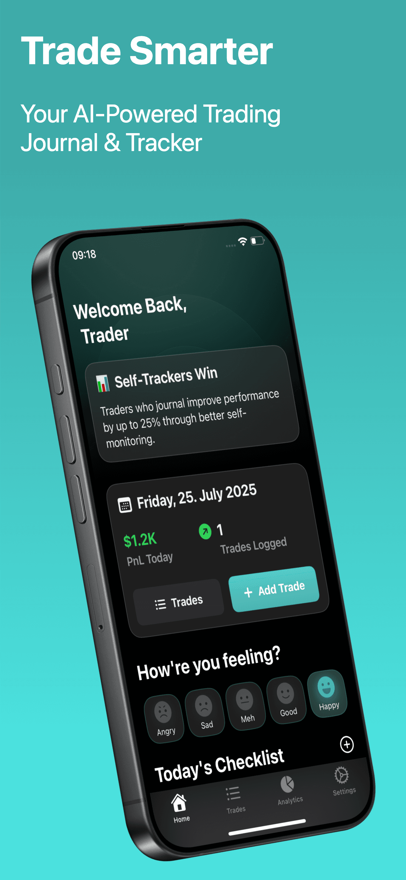 AlphaTrades trading journal app dashboard on iPhone showing daily PnL and trade log